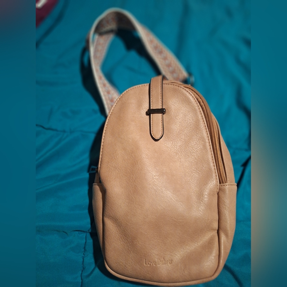 Pink Tan Backpack Paterned Strap Sling Bag NWOT - Picture 2 of 6
